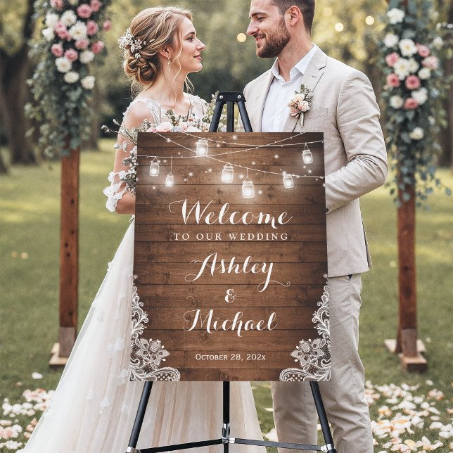 Rustic Mason Jar String Lights Lace Wedding Foam Board (Creator Uploaded)