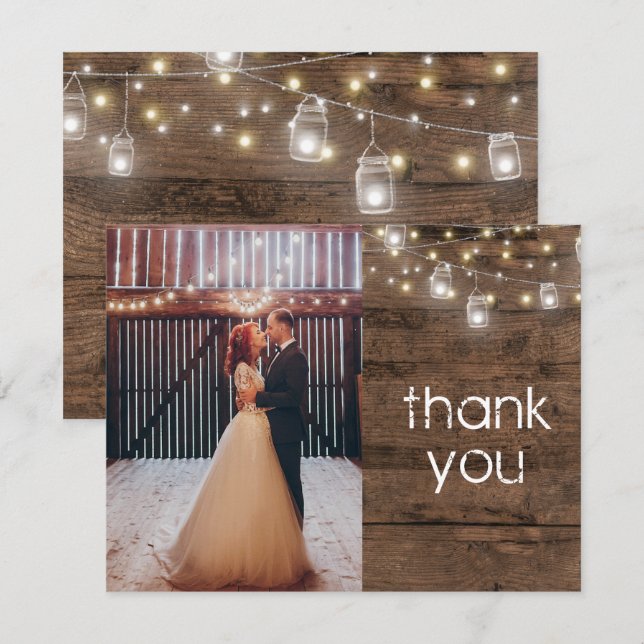 Rustic Mason Jar String Lights Photo Thank You Invitation (Front/Back)