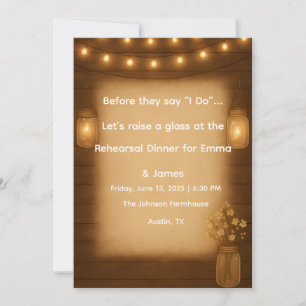 Rustic Mason Jar & String Lights Rehearsal Dinner Invitation