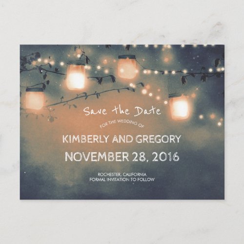 Rustic Mason Jar String Lights Save the Date Announcement Postcard - Rustic country woodland save the date postcards with mason jar, and string lights