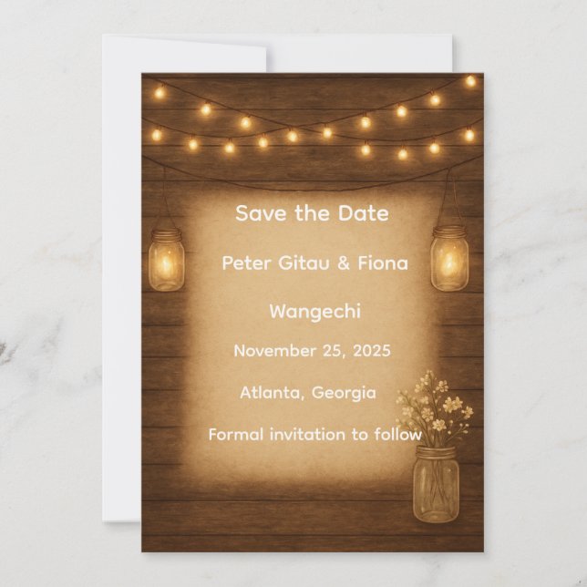 Rustic Mason Jar String Lights Save the Date Card (Front)