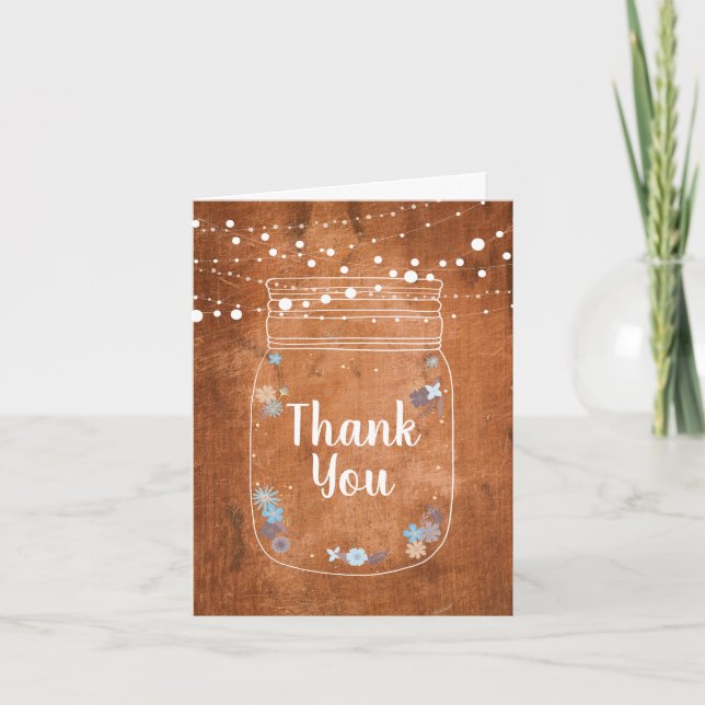 Rustic Mason Jar String Lights Thank You Card (Front)