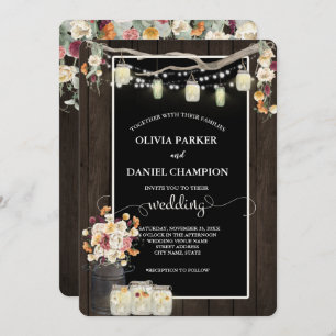 Rustic Mason Jar String Lights Watercolor Flowers Invitation
