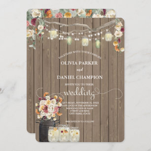 Rustic Mason Jar String Lights Watercolor Flowers Invitation