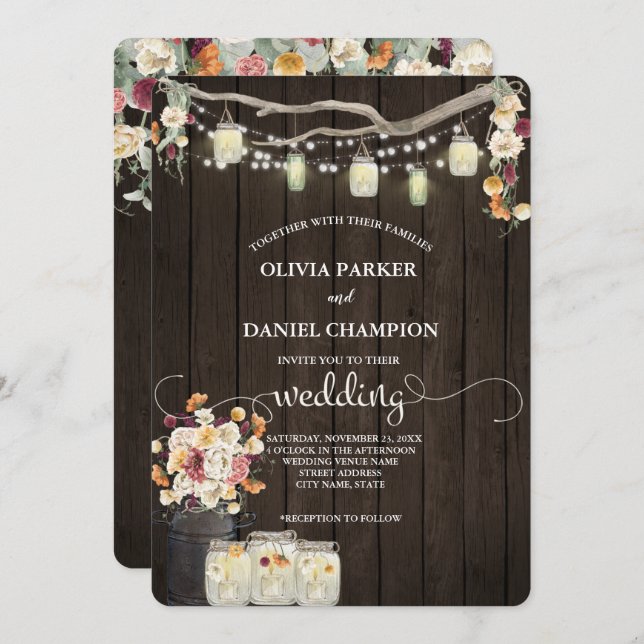 Rustic Mason Jar String Lights Watercolor Flowers  Invitation (Front/Back)