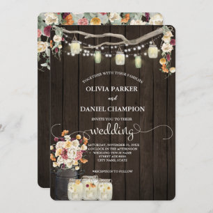 Rustic Mason Jar String Lights Watercolor Flowers Invitation