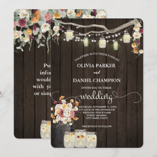 Rustic Mason Jar String Lights Watercolor Flowers Invitation