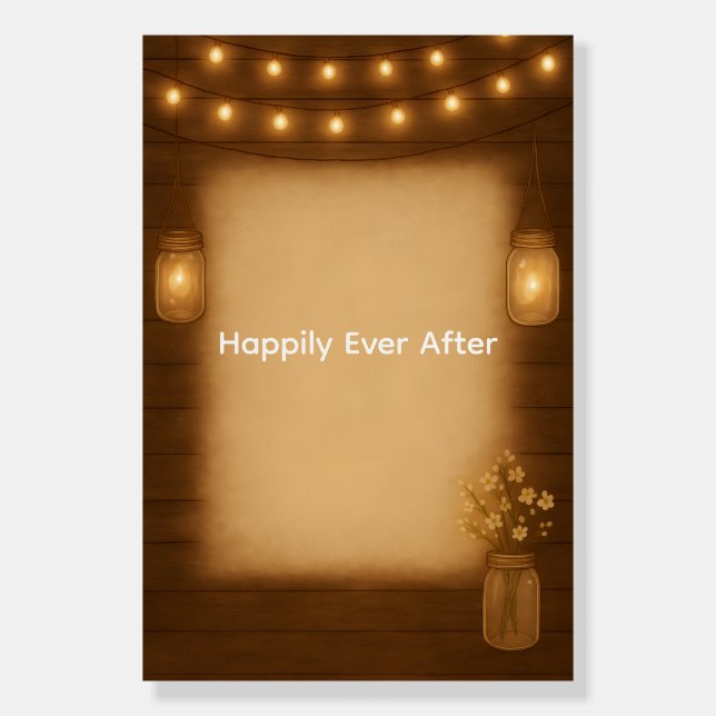 Rustic Mason Jar & String Lights Wedding Backdrop Foam Board (Front)