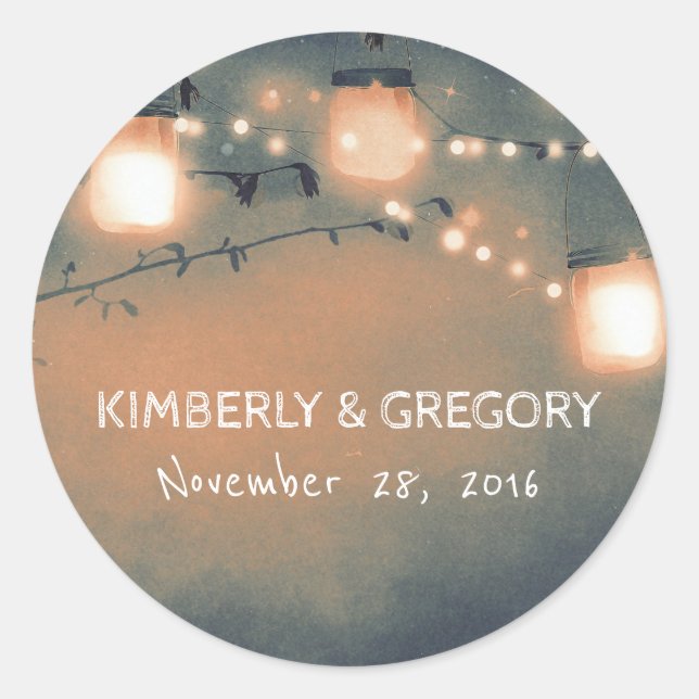 Rustic Mason Jar String Lights Wedding Classic Round Sticker (Front)