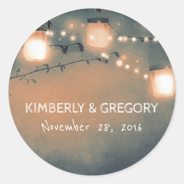 Rustic Mason Jar String Lights Wedding Classic Round Sticker | Zazzle