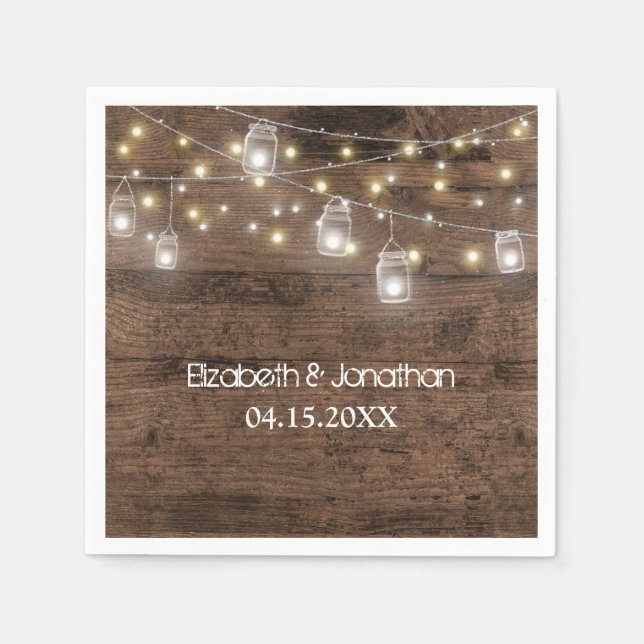 Rustic Mason Jar String Lights Wedding Napkins (Front)