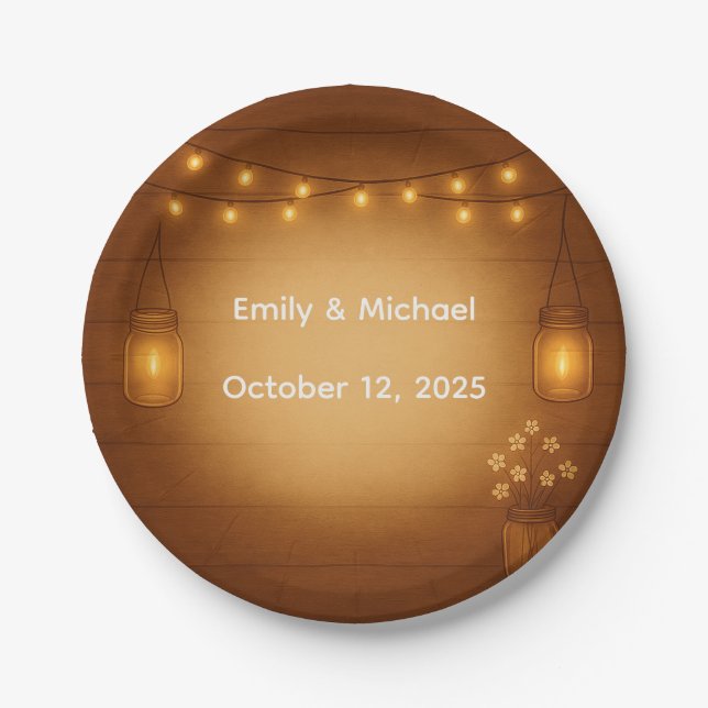 Rustic Mason Jar & String Lights Wedding  Paper Plates (Front)