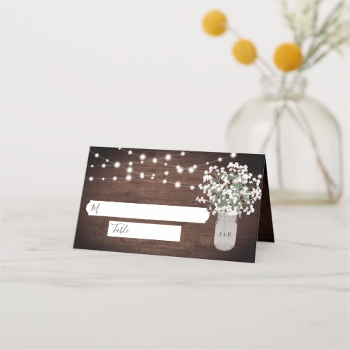 Rustic Mason Jar String Lights Wedding Place Card