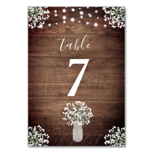 Rustic Mason Jar  String Lights Wedding Table Number