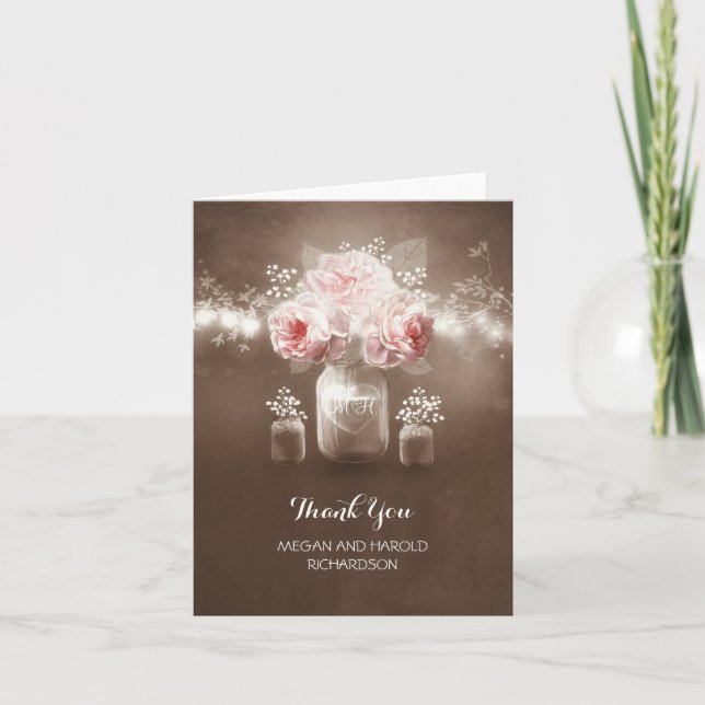 Rustic Mason Jar String Lights Wedding Thank You Card (Front)