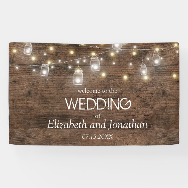 Rustic Mason Jar String Lights Wedding Welcome Banner (Horizontal)