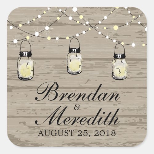 Rustic Mason Jar String of Lights Square Sticker