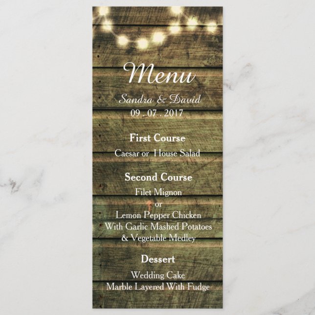 Rustic Mason Jar  String of Lights Wedding Menu (Front)