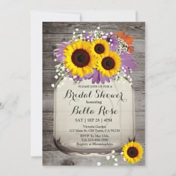 Rustic Mason Jar Sunflower Bridal Shower Invite by FancyMeWedding at Zazzle