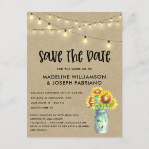 Rustic Mason Jar Sunflower Save the Date  Postcard