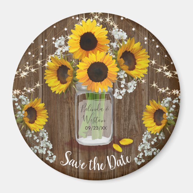 Rustic Mason Jar Sunflower Save the Date Wedding Magnet (Front)