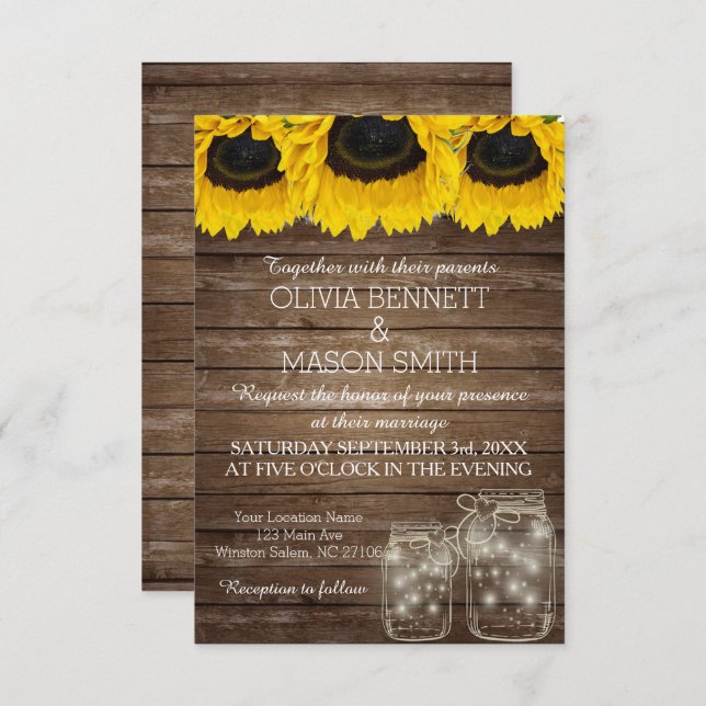 Rustic Mason Jar Sunflower Wedding Card (Front/Back)