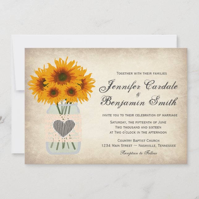 Rustic Mason Jar Sunflower Wedding Invitations (Front)
