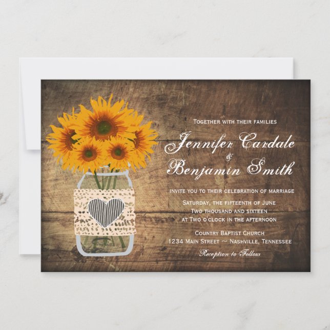 Rustic Mason Jar Sunflower Wedding Invitations (Front)