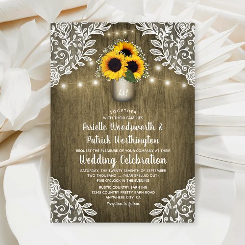 Rustic Mason Jar Sunflower Wedding Invitations