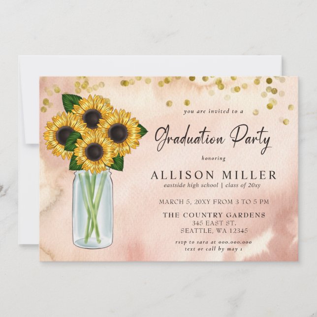 Rustic Mason Jar Sunflowers Photo Graduation Invitation (Front)