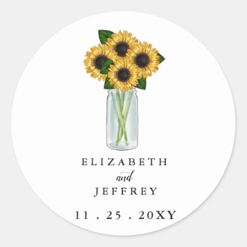 Rustic Mason Jar Sunflowers Wedding Classic Round Sticker