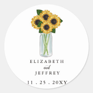 Rustic Mason Jar Sunflowers Wedding Classic Round Sticker