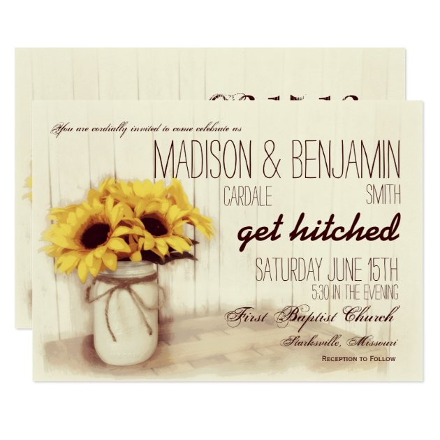 Rustic Mason Jar Sunflowers Wedding Invitations