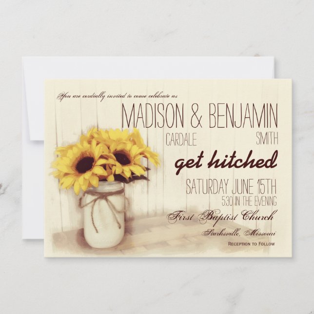 Rustic Mason Jar Sunflowers Wedding Invitations (Front)