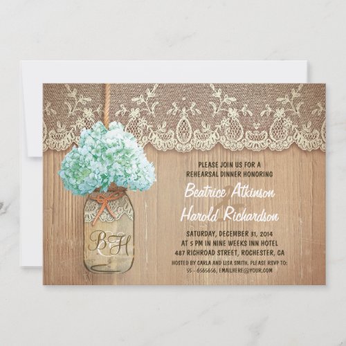 rustic mason jar teal hydrangea rehearsal dinner custom invites