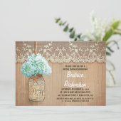 rustic mason jar turquoise hydrangea bridal shower invitation (Standing Front)