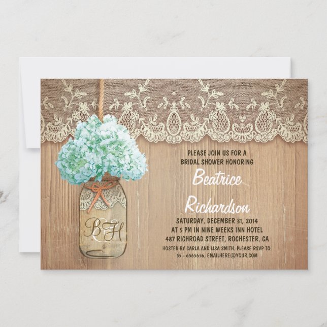 rustic mason jar turquoise hydrangea bridal shower invitation (Front)