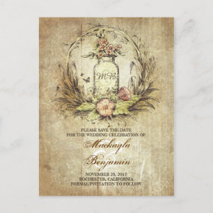 Rustic mason jar vintage save the date postcards