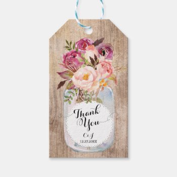 Rustic Mason Jar Watercolor Flowers Thank You Gift Tags by kittypieprints at Zazzle