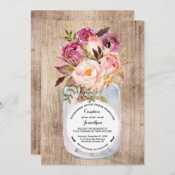 Rustic Mason Jar Watercolor Flowers Wood Wedding Invitation by kittypieprints at Zazzle