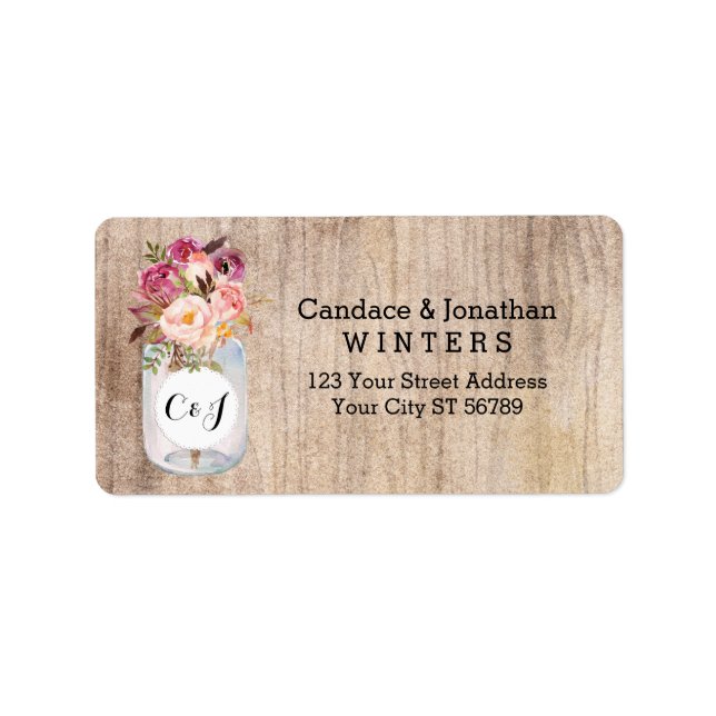 Rustic Mason Jar Watercolor Flowers Wood Wedding Label (Front)