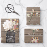 Rustic Mason Jar Watercolor Pesonalized Wedding Wr Wrapping Paper Sheets<br><div class="desc">A truly charming design for her special day! Dainty flowers in soft, autumn shades of pink, peach, burgundy and beige. Accented by string lights and mason jar candles that give off a nice, cozy glow. A huge bouquet of zinnias, poppies, mums and other assorted flowers are artfully placed in an...</div>