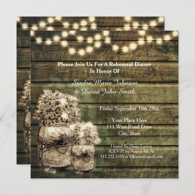 Rustic Mason Jar  Wedding Rehearsal Dinner Invitation (Front/Back)