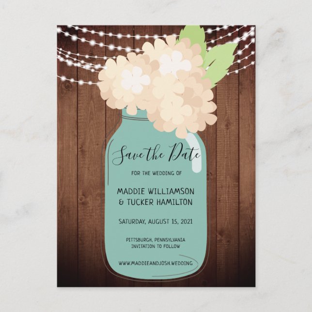 Rustic Mason Jar Wedding Save the Date Postcard (Front)