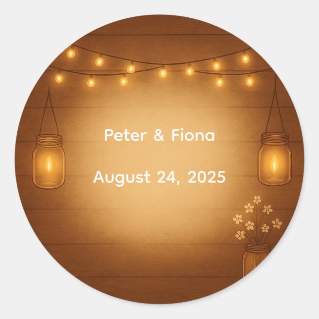 Rustic Mason Jar Wedding Sticker with String Light (Front)