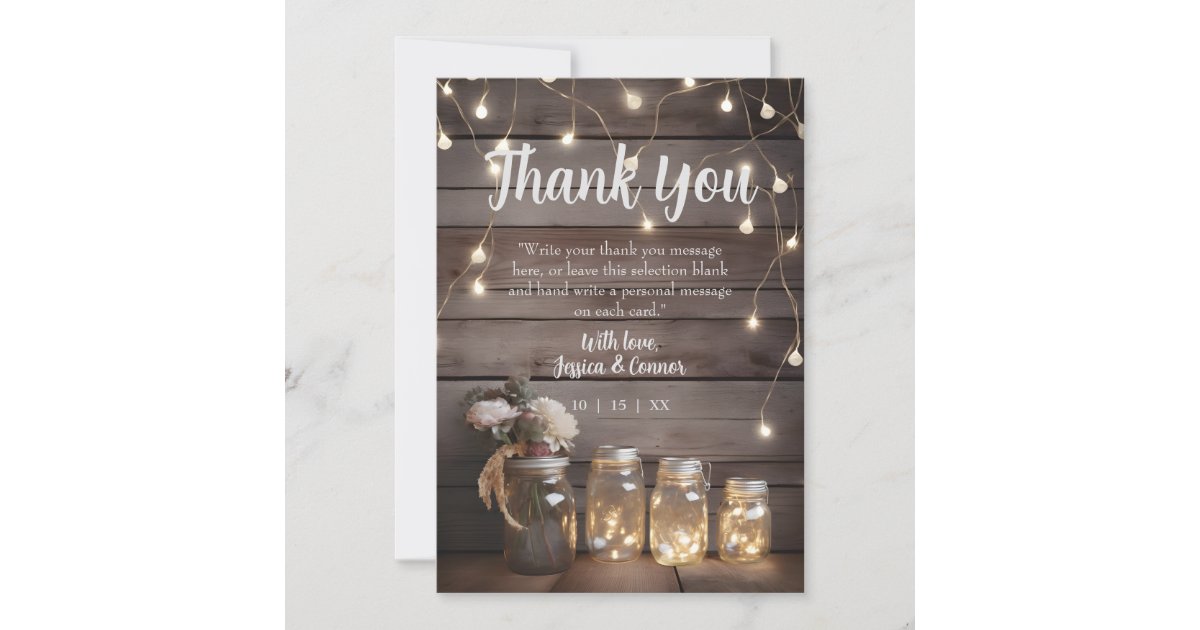 Rustic Mason Jar Wedding Wood Barn Background Thank You Card | Zazzle