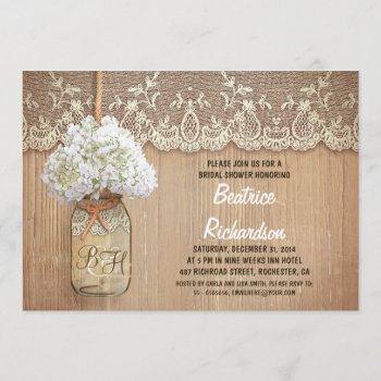 Rustic Mason Jar White Hydrangea Bridal Shower Invitation by jinaiji at Zazzle