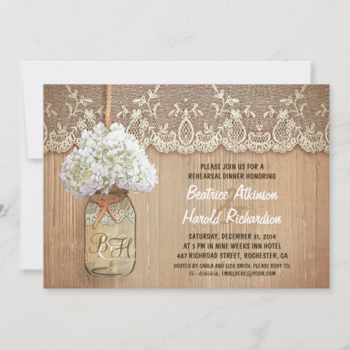 rustic mason jar white hydrangea rehearsal dinner personalized announcements