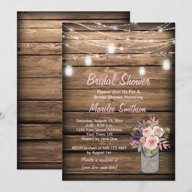 Rustic Mason Jar Wildflowers Barn Bridal Shower Invitation (Front/Back)