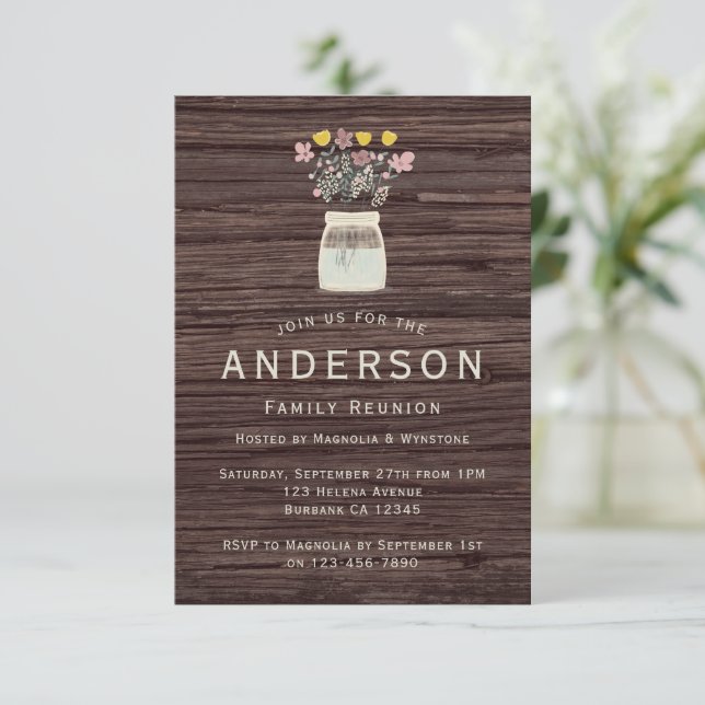  Rustic Mason Jar Wildflowers Family Reunion Invitation (Standing Front)